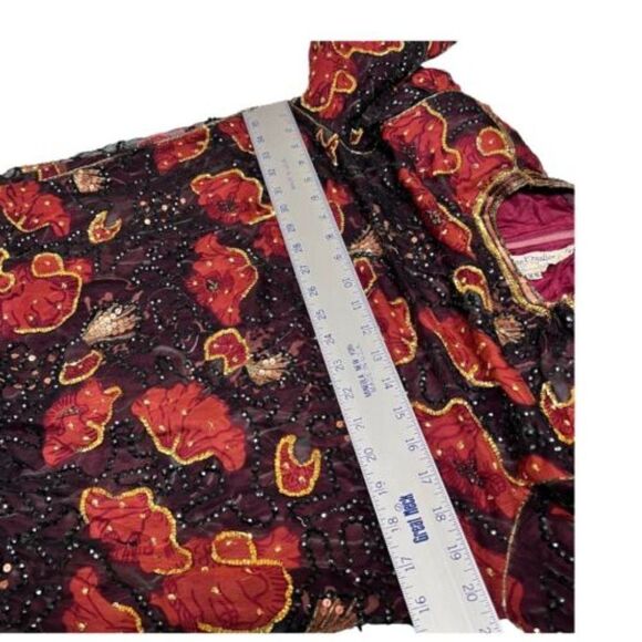 JUDITH ANN CREATIONS Xs SILK FLOWER PRINT BEAD & SEQUINS DRESS Burgundy Modest - Picture 4 of 12